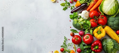 Artistic flat lay of vegetables and fruits with paper bags on white background.