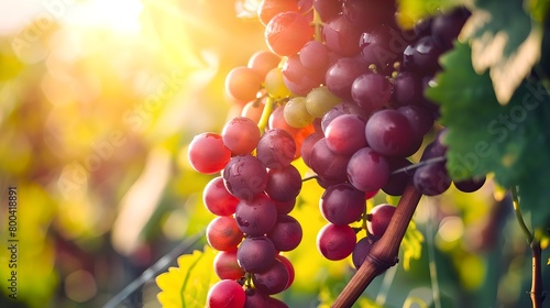 Lush Vineyard at Sunset, Ripe Grapes Ready for Harvest. Vibrant Colors and Natural Beauty Captured in Wine Country. Ideal for Agriculture and Tourism Marketing. AI
