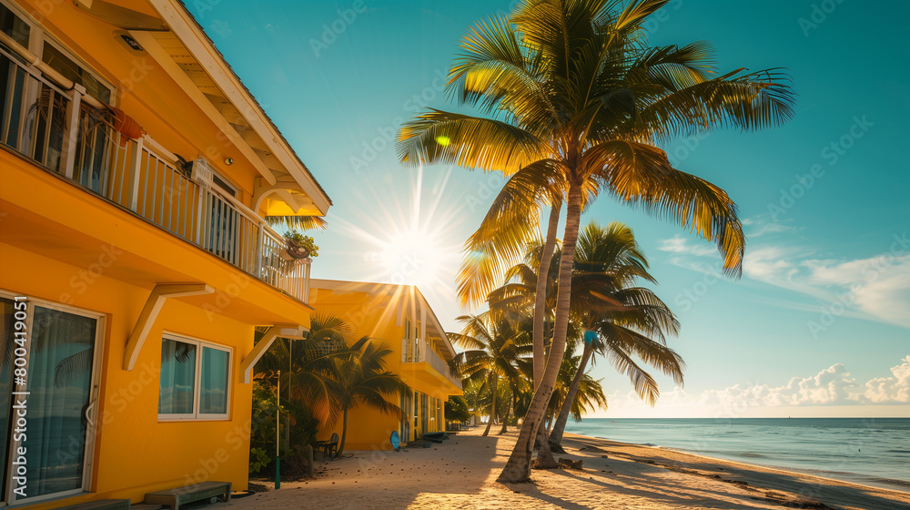 Fototapeta premium palm trees on the beach and a yellow house