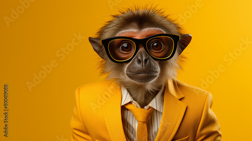 monkey wearing a yellow blazer and glasses on yellow background © Harshal