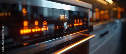 A dramatic closeup of a sleek, touchscreen oven control panel, its digital display glowing in the dim light of an early morning kitchen, symbolizing the convergence of culinary tradition and cuttinged photo