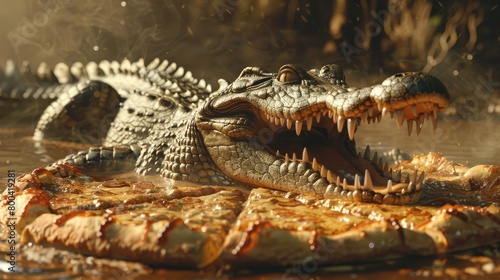 A crocodile eating pizza in a river