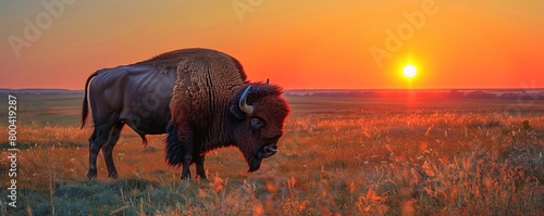 American bison grazing on grassy field against clear sky during sunset