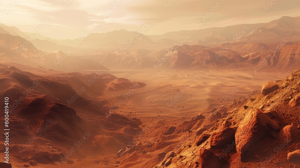 An alien landscape with a red rocky surface and a hazy sky