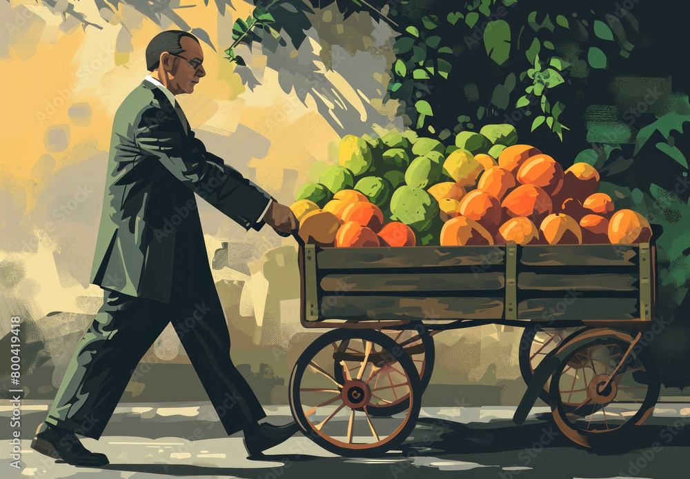 Man in suit pushing cart full of fruit through market square on a sunny day