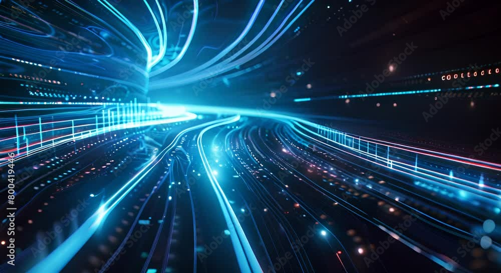 Futuristic fast moving particle light ray, digital dynamic hyperspace technology motion background.