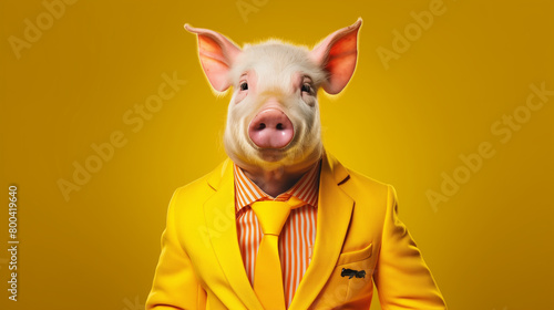 pig wearing a bright colorful blazer on yellow background