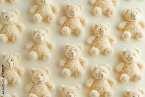 Collection of Several Adorable Teddy Bears Arranged in a Row on White Surface with White Background