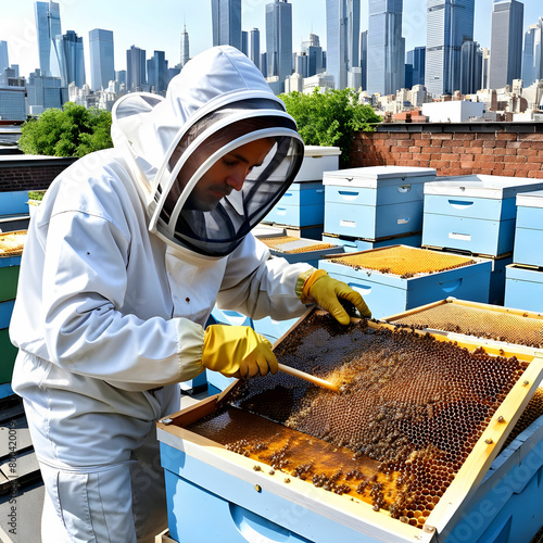 An urban beekeeper gathers honey from beehives perched on city rooftops, urban beekeeping.