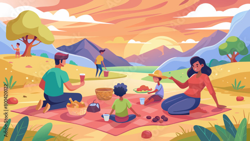 Family Picnic in Picturesque Mountain Landscape at Sunset © Oksa Art