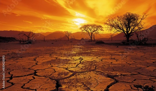 A desert landscape with cracked earth and silhouettes of trees under the orange sky
