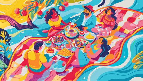 Vibrant Summer Picnic Illustration with Friends Enjoying Outdoor Feast