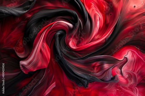A fluid dance of ruby red and jet black swirling in an elegant abstract form