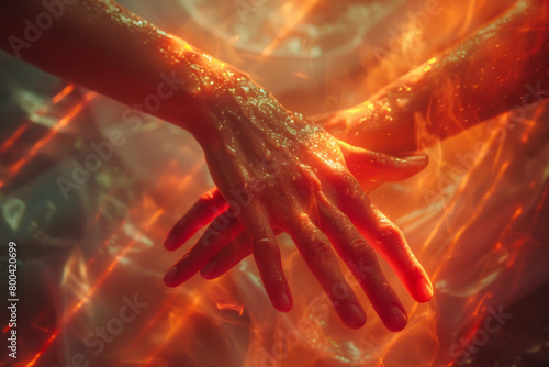 A powerful image of hands clasping one another, with vibrant beams of light emanating from the contact points, representing strength in unity, photo