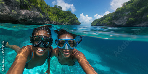 two smiling multiracial young people with diving goggles pose under the crystal clear water, with a tropical landscape in the background, adventures and exotic vacations.