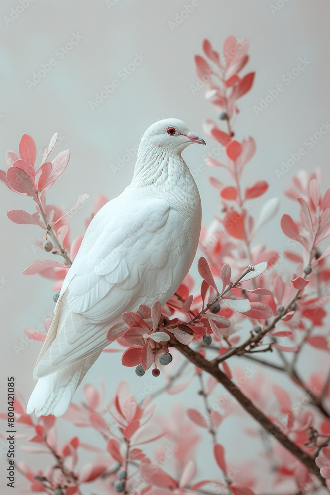 Obraz premium A minimalist design with a white dove carrying an olive branch, set against a soft pastel background,