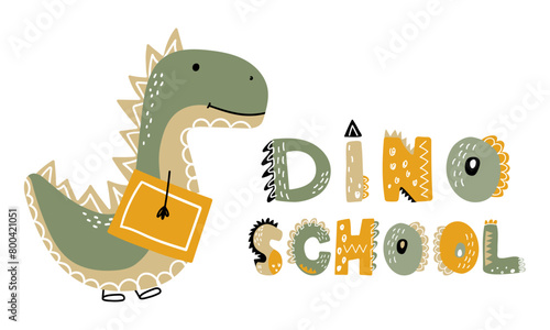 Dino goes to school with a book. Poster with Dino School lettering. Back to school concept