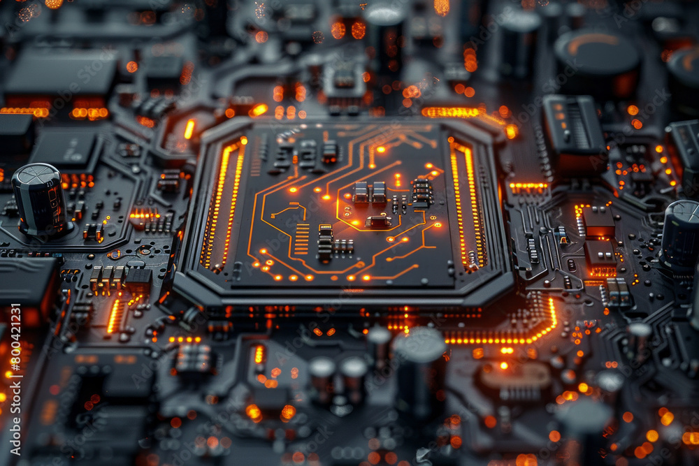 A close-up view of a circuit board, with intricate pathways and nodes highlighted to show data flow, A close-up view of a circuit board, with intricate pathways and nodes highlighted to show data flow,