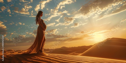 Pregnant woman in a long dress standing on a sand dune photo