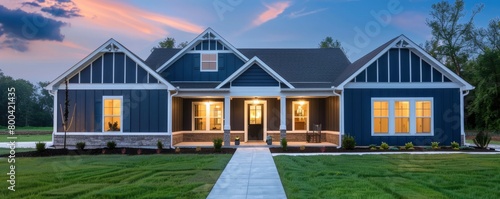 front view of a beautiful navy blue craftsman patterned house with white trim, night time, bright lights on inside the home, green grass in the front yard and a concrete walkway to the door.