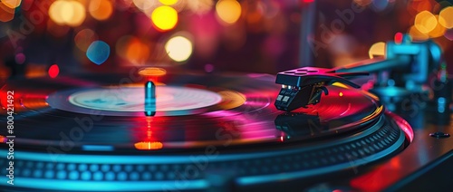 Close-up of a vinyl record on a turntable, Technics DJ style needle player.