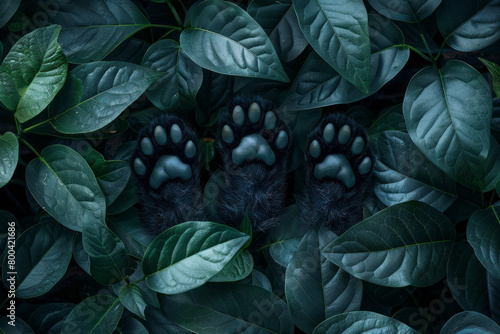A graphic illustration of paw prints of a jungle cat transforming into lush jungle leaves, emphasizing their stealthy nature, photo