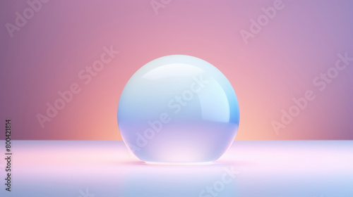 One transparent 3D glass sphere forms on abstract pastel gradient background