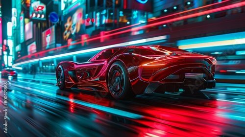 Red sports car moving at high speed through the city streets, adorned with neon lights to create a motion effect. Illustrating the concept of futuristic automobile technology through a 3D rendering.