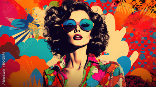 Retro collage with woman in Pop art vintage style  bright abstract background