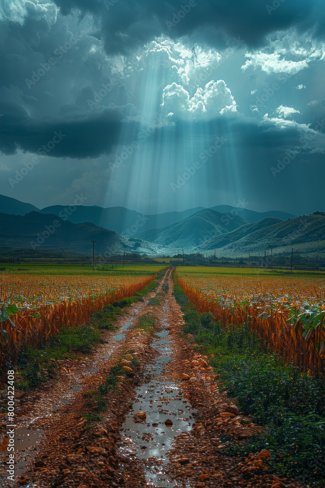 Obraz premium A vibrant portrayal of a monsoon, with heavy rain rejuvenating a barren land, symbolizing renewal and hope,