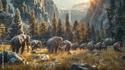 Majestic Herd of Elephants Grazing in Lush Mountain Valley