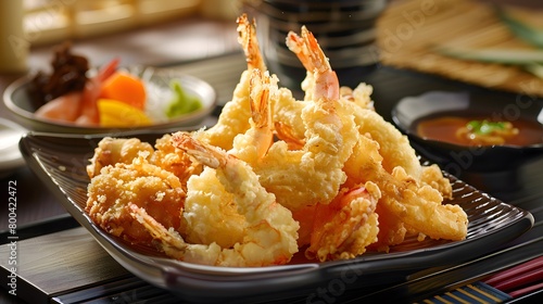 Crispy tempura shrimp and vegetables served with dipping sauce photo