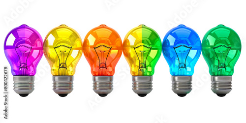 Vibrant rainbow light bulbs symbolizing ideas and creativity on a transparent background. photo
