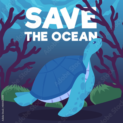 Underwater scene with a sea turtle in the depths of the blue ocean on a coral background