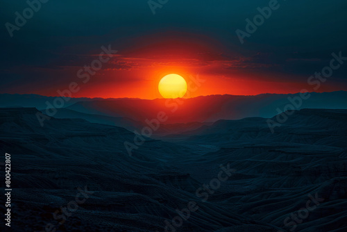 A background of rising sun in vivid orange and red over a dark landscape, portraying hope and renewal,