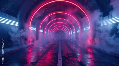 Sci-fi futuristic depiction of an asphalt tunnel corridor with smoke effects, neon glowing arcs, and double-lined concrete walls. Rendered in 3D to illustrate an underground car showroom at night.