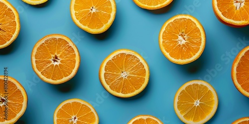 From above slices of vibrant orange citrus fruit arranged in a repetitive pattern on a bright blue background  creating a fresh and summery feel