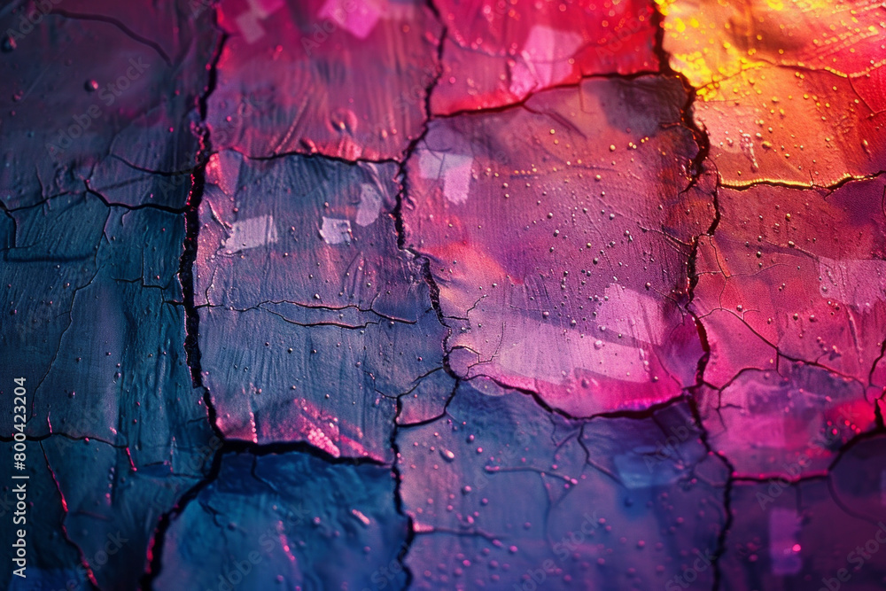 Fototapeta premium An abstract portrayal of a barrier, with cracks filled with vibrant, glowing colors, representing breaking through the barriers of discrimination,