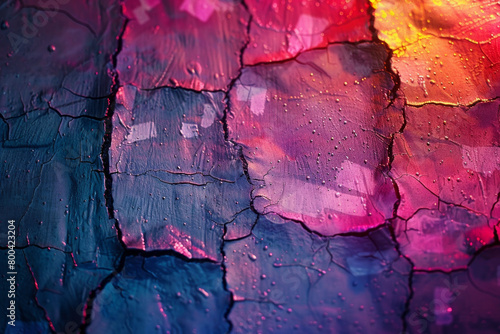 An abstract portrayal of a barrier, with cracks filled with vibrant, glowing colors, representing breaking through the barriers of discrimination,