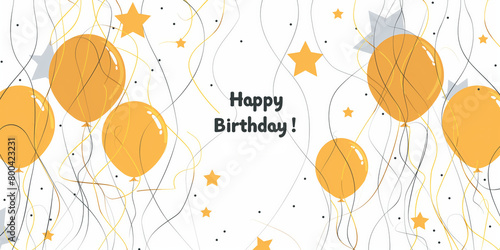  Birthday greeting card design with golden balloons and stars on a white background.