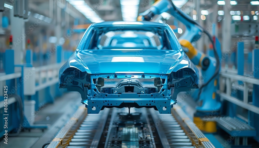 A robotic painting arm applying an even coat on car bodies in an auto manufacturing line, vibrant blue color A robotic painting arm applying an even coat on car bodies in an auto manufacturing line, vibrant blue color