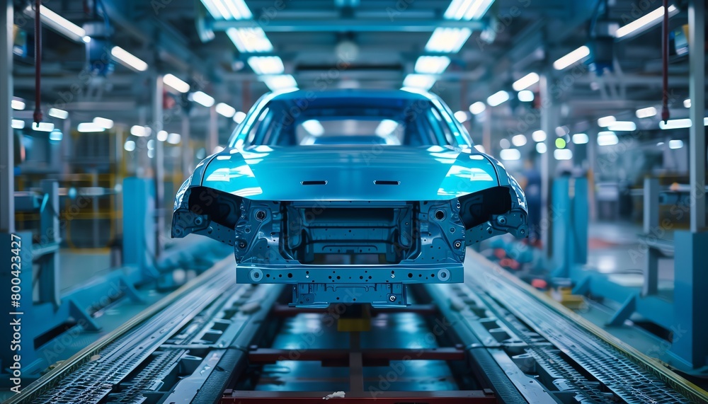 Obraz premium A robotic painting arm applying an even coat on car bodies in an auto manufacturing line, vibrant blue color