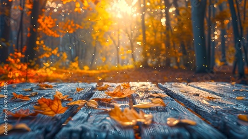 Autumn Path Blanketed with Fallen Leaves  Sun Peeking Through Trees. Peaceful  Rustic Woodland Scene in Fall. Wood Planks Lead the Eye. AI