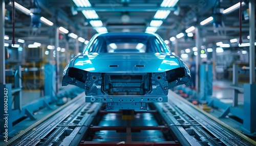 A robotic painting arm applying an even coat on car bodies in an auto manufacturing line, vibrant blue color photo
