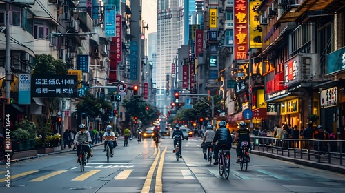 Cyclists navigate a bustling city street lined with neon signs at dusk photo