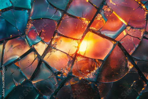 A depiction of a shattered mirror, with the cracks emanating light in a spectrum of colors, illustrating breaking past the reflections of societal expectations, photo