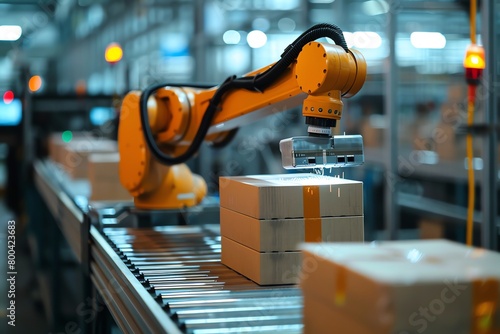 A highspeed robotic picker sorting packages in a distribution center during the holiday rush photo