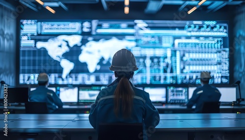 Engineers in a control room monitoring robotic systems using AI to optimize energy production in a power plant photo