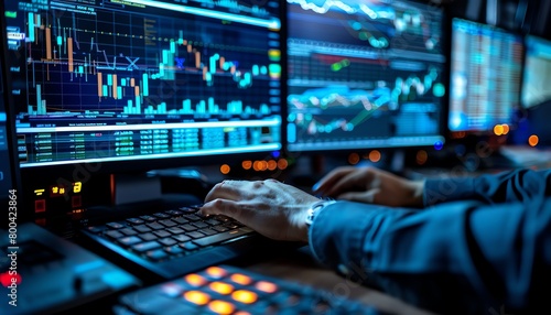 An investment analyst using AIpowered tools to track stock market trends and make predictions, graphs visible photo