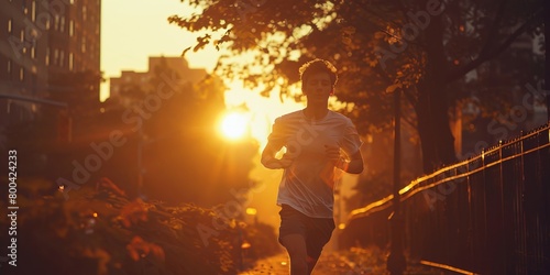 Urban sunset run: young man expressing fitness and joy